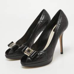 Pre Owned Dior Black Cannage Leather Bow Peep Toe Pumps Size 39