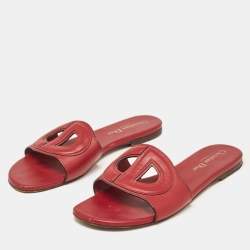 Dior Burgundy Leather D-Club Flat Slides Size 37.5 