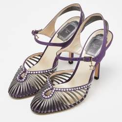 Dior Purple/Grey Satin and Leather Strappy Ankle Strap Sandals Size 38