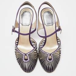 Dior Purple/Grey Satin and Leather Strappy Ankle Strap Sandals Size 38