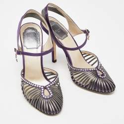Dior Purple/Grey Satin and Leather Strappy Ankle Strap Sandals Size 38