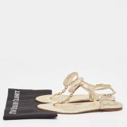 Dior Gold Leather Chain Link T-Strap Flat Sandals Size 39