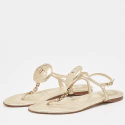 Dior Gold Leather Chain Link T-Strap Flat Sandals Size 39