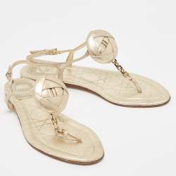 Dior Gold Leather Chain Link T-Strap Flat Sandals Size 39