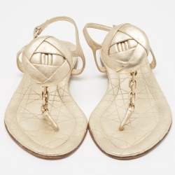 Dior Gold Leather Chain Link T-Strap Flat Sandals Size 39