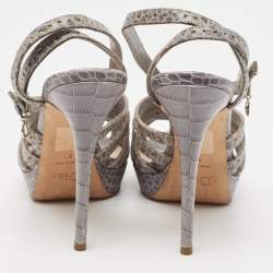 Dior Grey Embossed Croc Strappy Platform Sandals Size 40