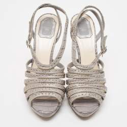 Dior Grey Embossed Croc Strappy Platform Sandals Size 40