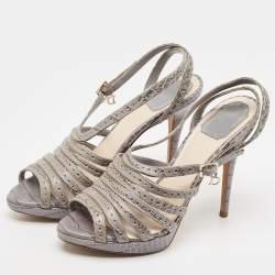 Dior Grey Embossed Croc Strappy Platform Sandals Size 40