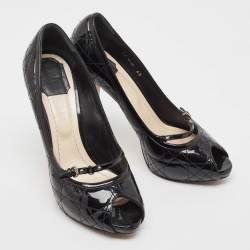 Pre Owned Dior Black Cannage Patent Leather Peep Toe Platform Pumps Size 40