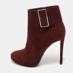 Dior Burgundy Suede Buckle Detail Platform Ankle Booties Size 40