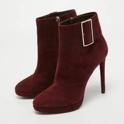 Dior Burgundy Suede Buckle Detail Platform Ankle Booties Size 40