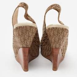 Dior Cream/Brown Oblique Canvas and Leather Wedge Sandals Size 37.5