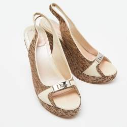 Dior Cream/Brown Oblique Canvas and Leather Wedge Sandals Size 37.5