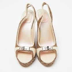 Dior Cream/Brown Oblique Canvas and Leather Wedge Sandals Size 37.5