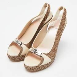 Dior Cream/Brown Oblique Canvas and Leather Wedge Sandals Size 37.5
