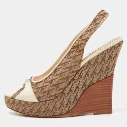 Dior Cream/Brown Oblique Canvas and Leather Wedge Sandals Size 37.5