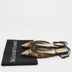 Dior Black Floral Embroidered Mesh and Leather Ankle Strap Flats Size 34.5