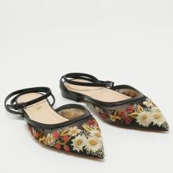 Dior Black Floral Embroidered Mesh and Leather Ankle Strap Flats Size 34.5