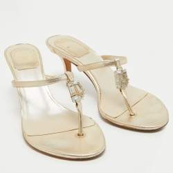 Pre Owned Dior Metallic Gold Leather Crystal Embellished Slide Size 37