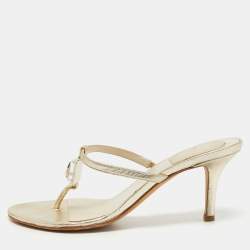 Pre Owned Dior Metallic Gold Leather Crystal Embellished Slide Size 37