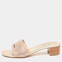 Dior Rose Gold Embroidered Logo Canvas Crystal Embellished Dway Slide Sandals Size 40.5