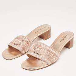Dior Rose Gold Embroidered Logo Canvas Crystal Embellished Dway Slide Sandals Size 40.5
