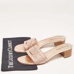 Dior Rose Gold Embroidered Logo Canvas Crystal Embellished Dway Slide Sandals Size 40.5