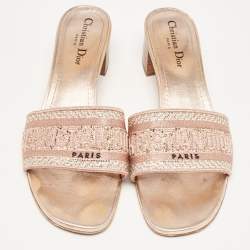 Dior Rose Gold Embroidered Logo Canvas Crystal Embellished Dway Slide Sandals Size 40.5