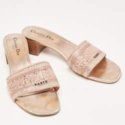 Dior Rose Gold Embroidered Logo Canvas Crystal Embellished Dway Slide Sandals Size 40.5