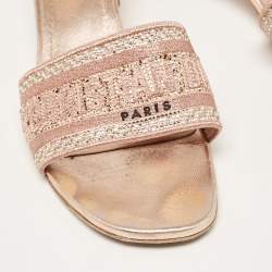 Dior Rose Gold Embroidered Logo Canvas Crystal Embellished Dway Slide Sandals Size 40.5