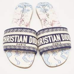 Pre Owned Dior Navy Blue/White Embroidered Logo Canvas Dway Flat Slides Size 41