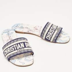 Pre Owned Dior Navy Blue/White Embroidered Logo Canvas Dway Flat Slides Size 41