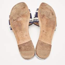 Pre Owned Dior Navy Blue/White Embroidered Logo Canvas Dway Flat Slides Size 41