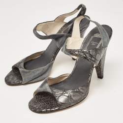 Dior Grey/Silver Croc Embossed and Suede Slingback Sandals Size 39.5