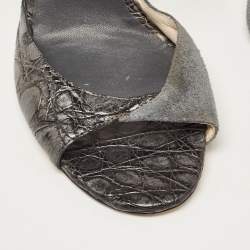Dior Grey/Silver Croc Embossed and Suede Slingback Sandals Size 39.5
