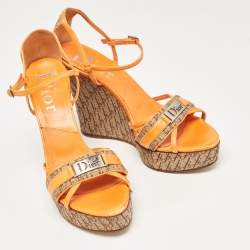 Dior Orange Leather and Canvas Diorissimo Wedge Sandals Size 39