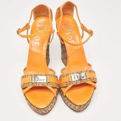 Dior Orange Leather and Canvas Diorissimo Wedge Sandals Size 39