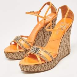Dior Orange Leather and Canvas Diorissimo Wedge Sandals Size 39