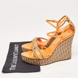 Dior Orange Leather and Canvas Diorissimo Wedge Sandals Size 39