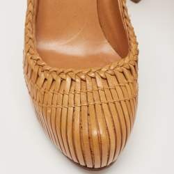 Dior Brown Woven Leather and Ostrich Basketweave Platform Ankle Strap Pumps Size 36