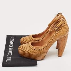 Dior Brown Woven Leather and Ostrich Basketweave Platform Ankle Strap Pumps Size 36