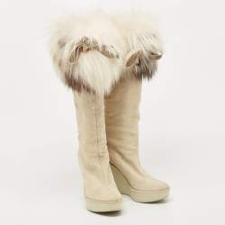 Pre Owned Dior Grey Suede Cannage Suede and Fox Fur Trim Knee High Wedge Boots Size 35.5