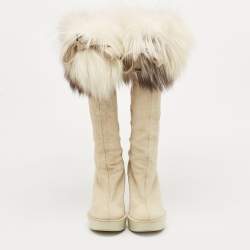 Pre Owned Dior Grey Suede Cannage Suede and Fox Fur Trim Knee High Wedge Boots Size 35.5