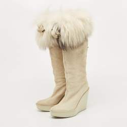 Pre Owned Dior Grey Suede Cannage Suede and Fox Fur Trim Knee High Wedge Boots Size 35.5