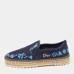 Pre Owned Dior Blue Denim Floral Embroidered Espadrille Flats Size 38