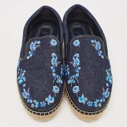 Pre Owned Dior Blue Denim Floral Embroidered Espadrille Flats Size 38
