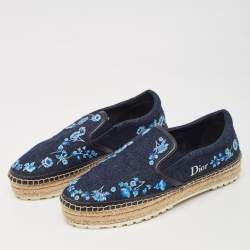 Pre Owned Dior Blue Denim Floral Embroidered Espadrille Flats Size 38