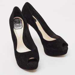 Dior Black Suede Peep Toe Platform Pumps Size 39.5 