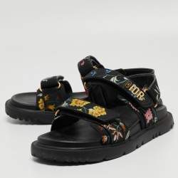 Dior Black Floral Print Fabric DiorAct Sandals Size 38.5