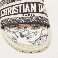 Dior Navy Blue/White Logo Embroidered Canvas Toile De Jouy Dway Slides Size 37.5